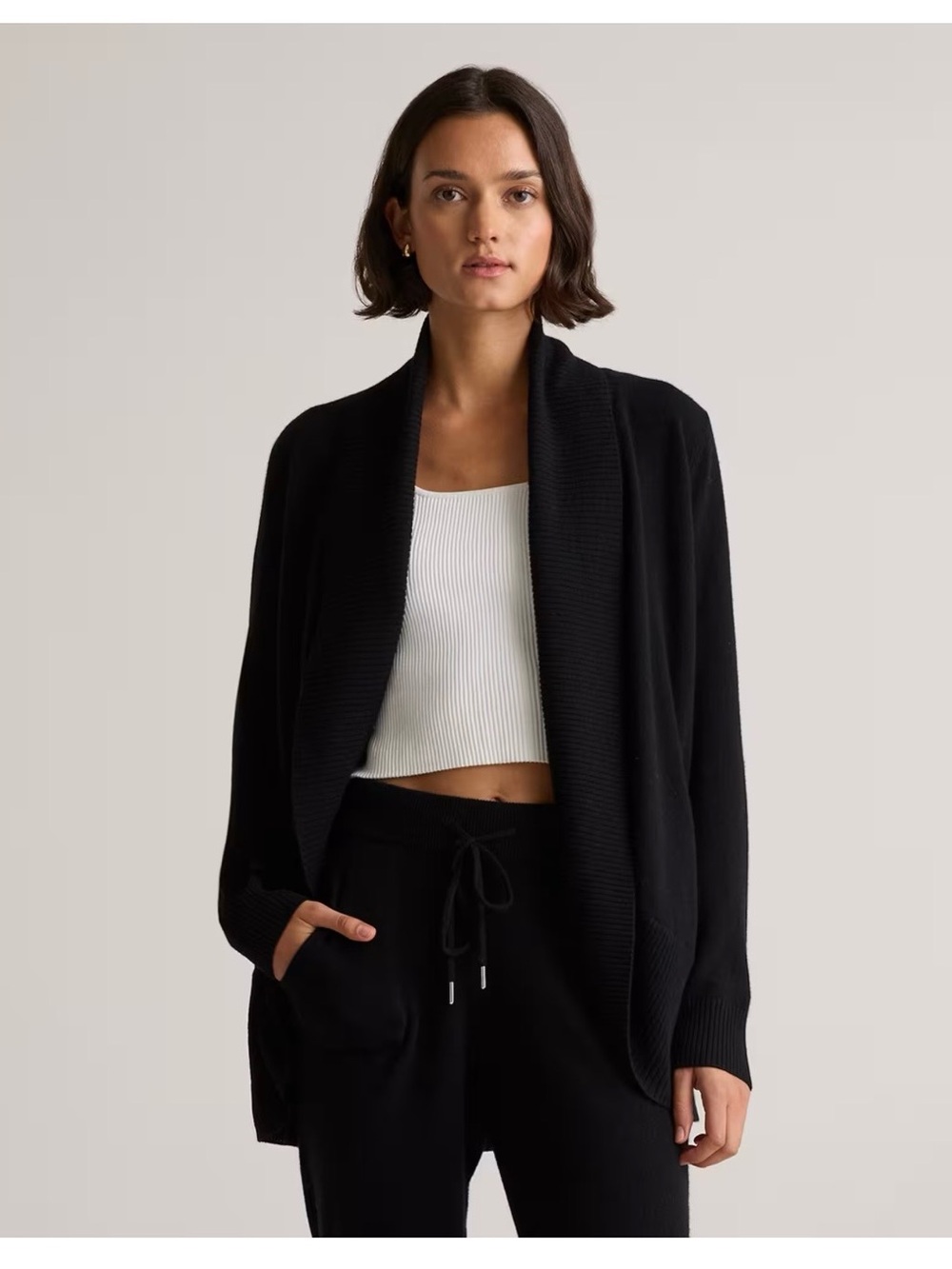 Quince Black Open-Front Rib Shawl Collar Cashmere Cardigan
